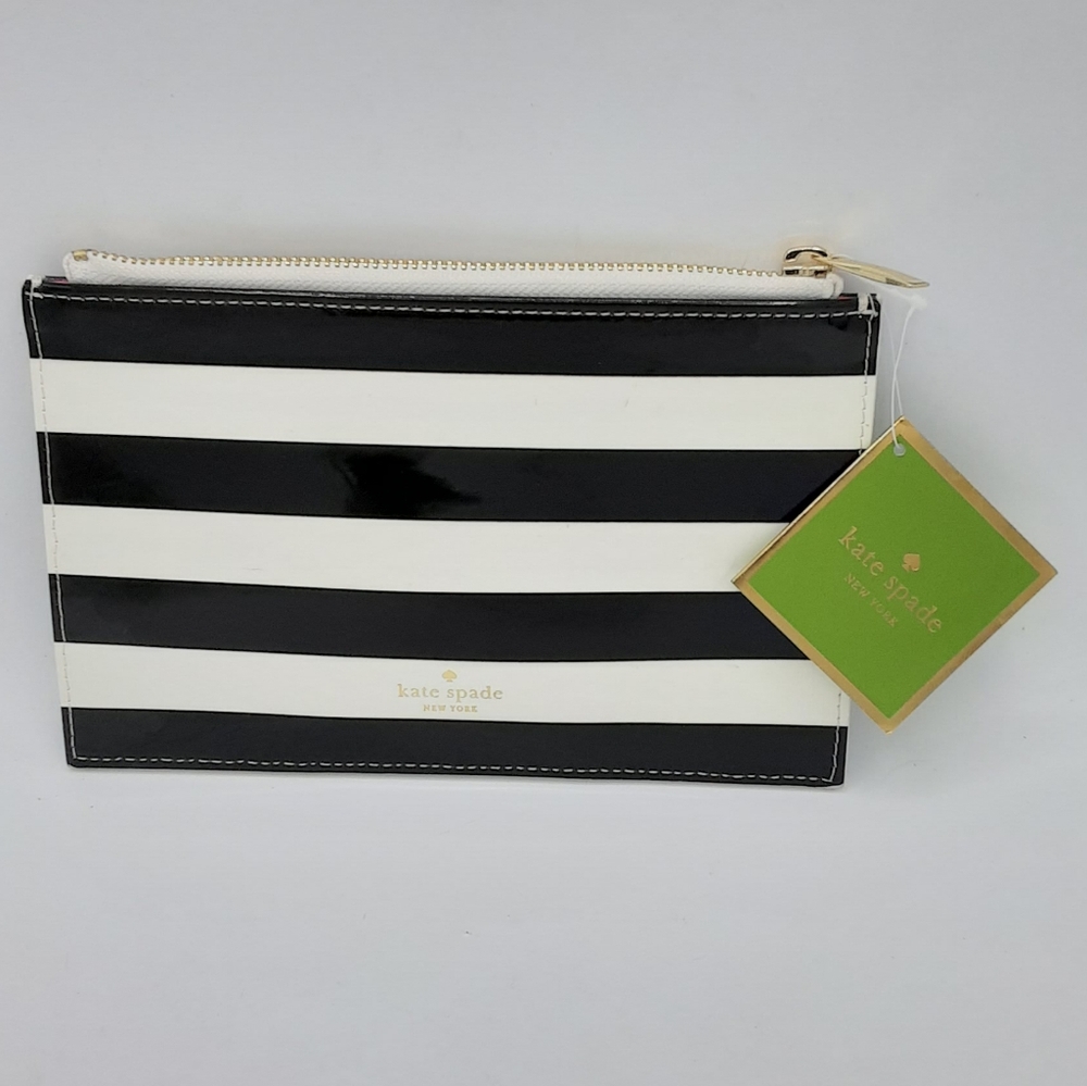 Kate Spade Black and White Striped Pencil Pouch Or Makup Bag NWT.